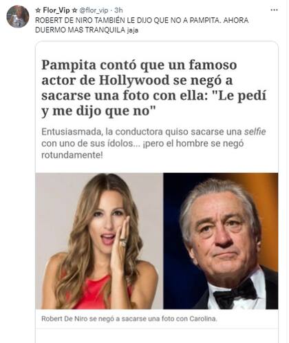 La mujer rechazada por Robert De Niro recordó cuando Pampita recibió una negativa del actor
