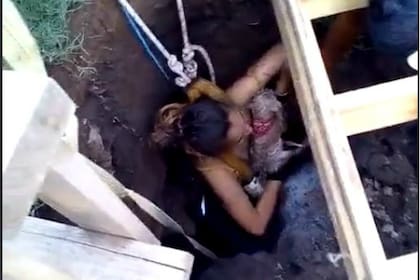 La mujer arriesgó tu integridad física para salvar a los dos perros que estaban en el fondo del pozo cloacal