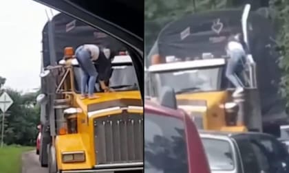 La mujer subió al capot de un camión por una supuesta infidelidad (Foto: Instagram)