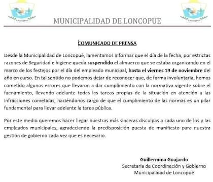 La Municipalidad de Loncopué emitió un comunicado en el que pidió disculpas por la suspensión del evento