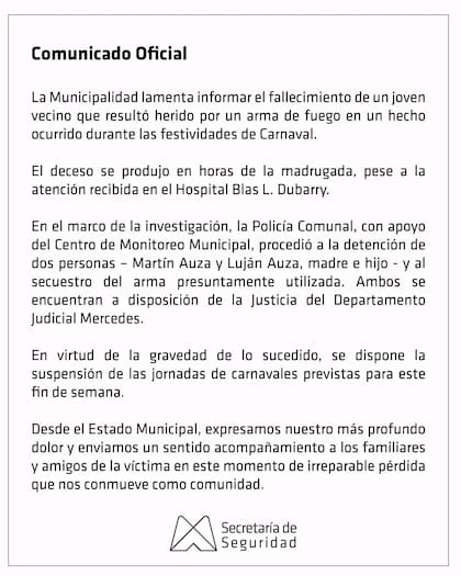 La municipalidad de Mercedes decidió suspender los festejos del carnaval