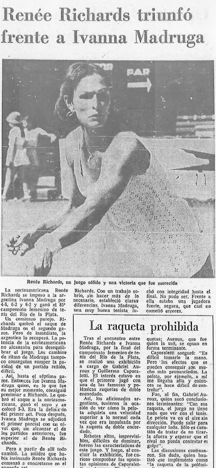 LA NACION del 15 de noviembre de 1977, el día siguiente a la victoria de Richards en el court central del Buenos Aires frente a la cordobesa Madruga