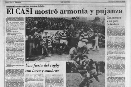 LA NACION informa acerca del campeonato ganado por CASI en 1985 y da cuenta de que los jugadores festejaron poco y no quisieron dar la vuelta olímpica porque sentían la ausencia de su compañero Alejandro Puccio, a quien consideraban inociente