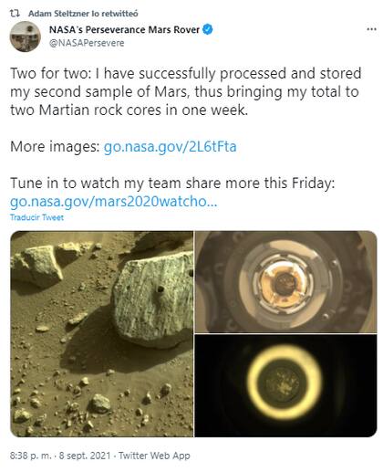 La NASA celebró que la sonda Perseverance Mars Rover habría recolectado una roca de Marte para traer a la Tierra