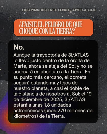 La NASA compartió en sus redes sociales en español una imagen que explica la razón por la que el cometa no representa una amenaza para la Tierra