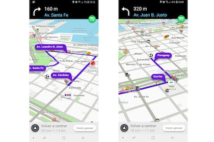 La navegación guiada de Waze permite distinguir zonas peatonales de circulación restringidas de 11 a 16 en días hábiles, como se muestran en este mismo trayecto en dos horarios diferentes