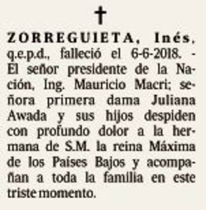 La necrológica salió publicada hoy en LA NACION
