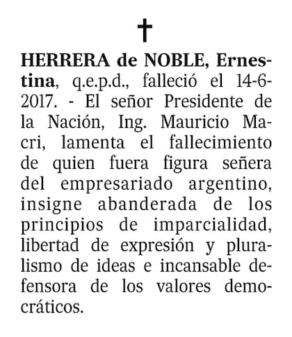 La necrológica salió publicada hoy en LA NACION