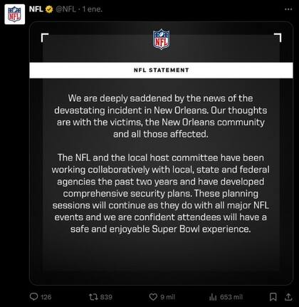 La NFL publicó un mensaje por lo sucedido en Nueva Orleans