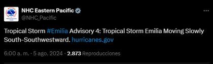 La NHC informa que la tormenta tropical Emilia avanza hacia el sur-suroeste