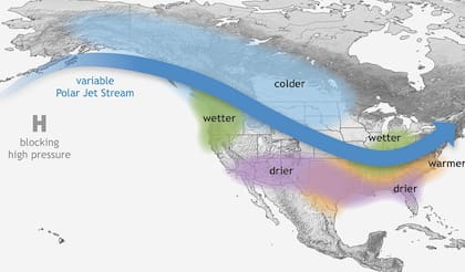 La Niña hace que la corriente en chorro se desplace hacia el norte y se debilite sobre el Pacífico oriental