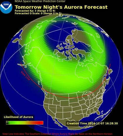 La NOAA pronosticó que el índice Kp alcanzará un nivel de 4.67, lo cual permitiría ver auroras boreales en zonas del norte de EE.UU.