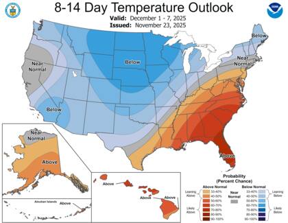 La NOAA proyecta temperaturas por debajo del promedio para la mayor parte de Estados Unidos durante finales de noviembre y principios de diciembre