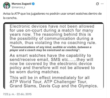 La normativa del ATP Tour prohíbe el uso de tecnología portátil en competencias oficiales desde finales de 2015