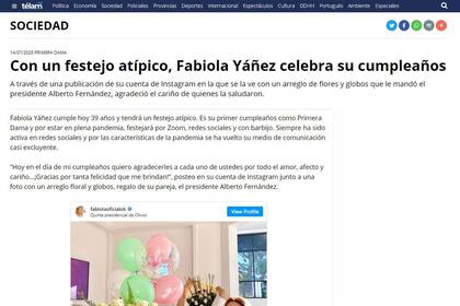 La nota de la agencia Télam sobre el cumpleaños de Fabiola Yañez.