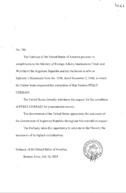 La nota de la Embajada norteamericana en la que comunica a la Cancillería que desiste de la extradición de Ibar Pérez Corradi