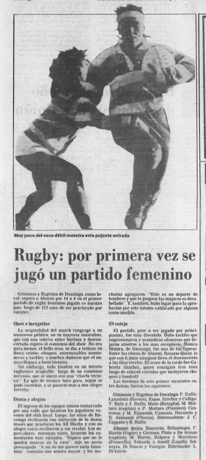 La nota de LA NACION con la crónica del primer partido de rugby femenino de la historia entre GEI y Alumni, el 23 de noviembre de 1985
