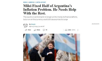 La nota de The Wall Street Jornal sobre el "problema" que enfrenta Milei y la ayuda financiera de Estados Unidos.