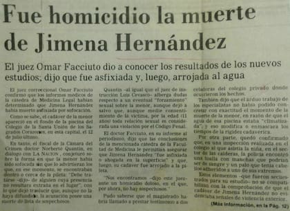La nota en La Nación del 26 de noviembre de 1988 donde se afirma que Jimena fue asesinada