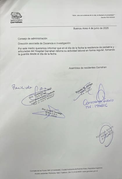 La nota presentada por la Asamblea de Residentes del Garrahan en la que informaron que retoman sus tareas