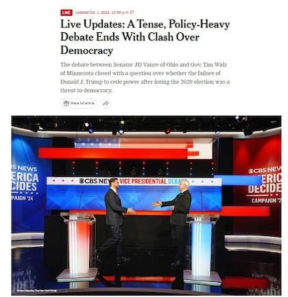 La nota principal de The New York Times sobre el debate vicepresidencial