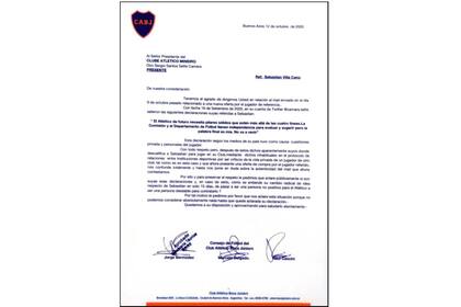 La nota que Boca le envió a Mineiro pidiéndole explicaciones por el cambio de postura sobre Sebastián Villa