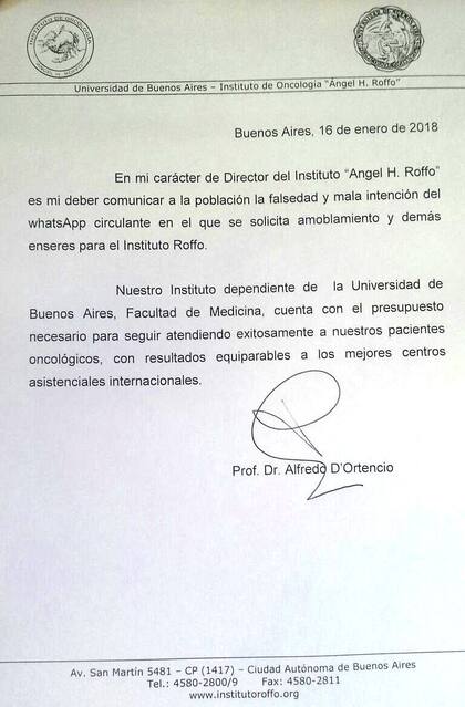 La nota que difundió el director del hospital Roffo