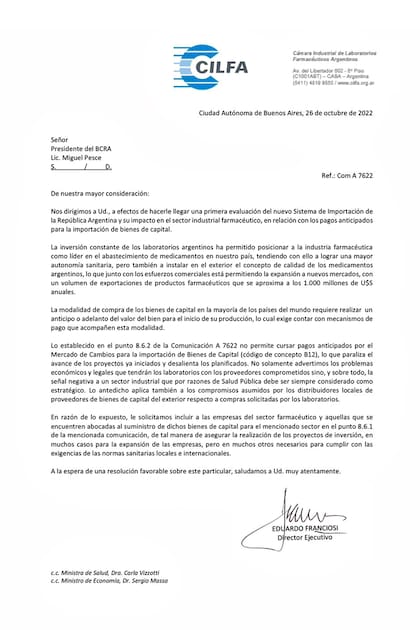 La nota que los laboratorios nacionales le enviaron al presidente del Banco Central, Miguel Pesce