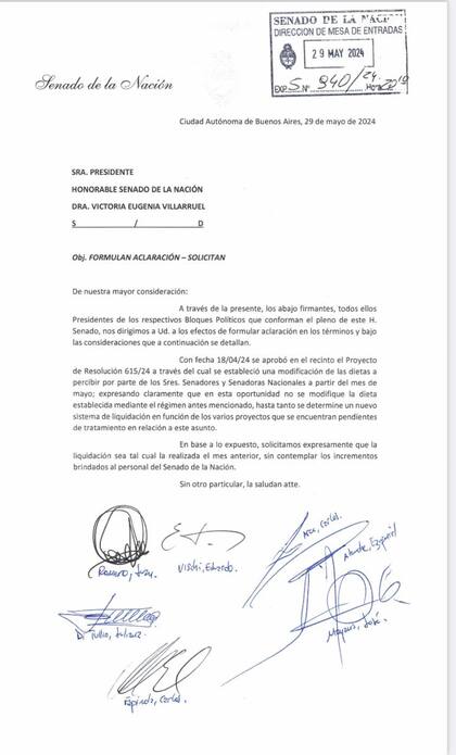 La nota que presentaron los presidentes de bloque a Villarruel para no percibir el último aumento de sueldos