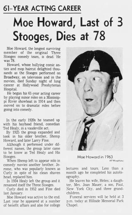 La noticia de la muerte de Moe Howard en los periódicos de la época