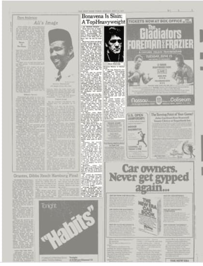 La noticia de la muerte de Oscar Ringo Bonavena en el New York Times, en la edición del 23 de mayo de 1976