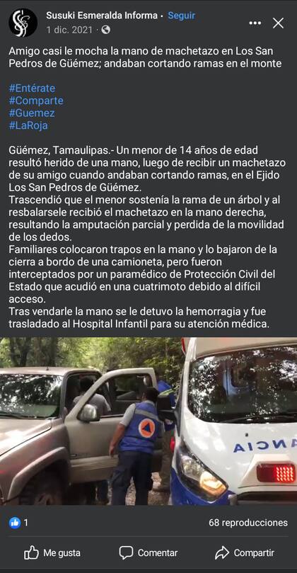 La noticia del machetazo que el pequeño recibió por parte de un amigo