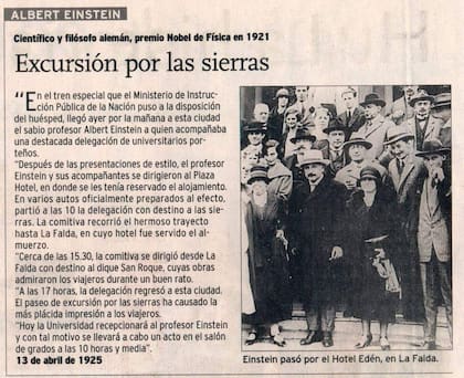 La noticia del paso de Albert Einstein por el Eden Hotel en 1925, en el diario La Voz del Interior