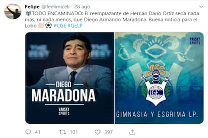 La noticia falsa sobre la llegada de Maradona a Gimnasia que divulgó Felipe Miceli y se hizo viral antes de que fuera una realidad.