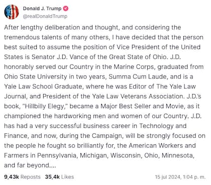 La noticia fue dada a conocer por Trump en su cuenta de Truth Social