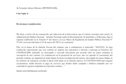 La notificación de despido que recibió Albornoz.