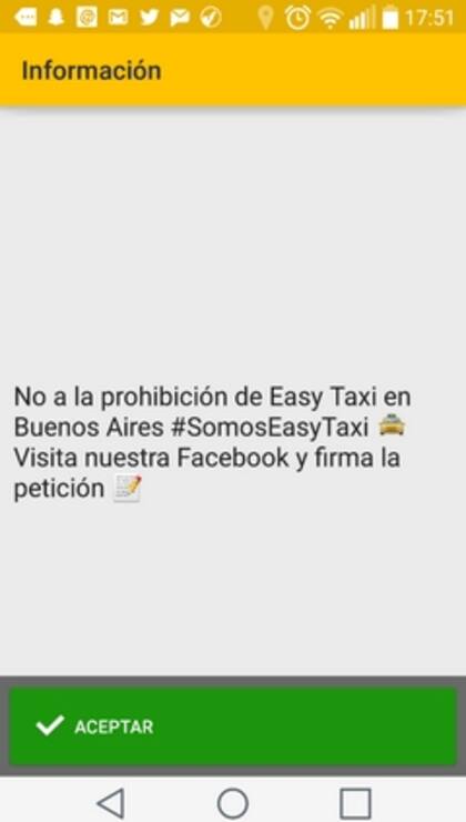 La notificación enviada por Easy Taxi a los usuarios de la aplicación móvil