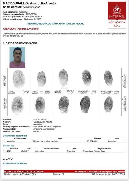 La notificación roja de Interpol con pedido de captura para Gustavo Julio Alberto Mac Dougall