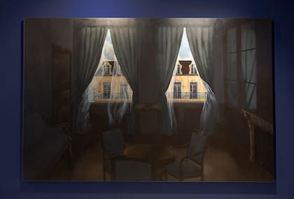 La obra de Alfredo Frías retrata la habitación donde San Martín pasó sus últimos años, de la serie "La Cueva del sueño"; dice el artista: "La hice en pandemia, cuando todos estábamos recluidos"