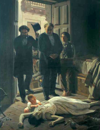 La obra uruguaya "Un episodio de la fiebre amarilla en Buenos Aires" muestra a los doctores Roque Pérez y Manuel Argerich, abogado y joven médico, respectivamente, observado la trágica escena de lo que la enfermedad dejó.