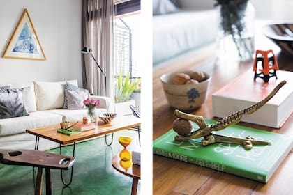 En el living, obra triangular de Bárbara Renati adquirida en arteBA (Galería Pasto). A la mesa ratona la mandaron a hacer y el banco de lapacho es obra de Jorge Michel, segundo marido de la abuela de Juan, la artista Josefina Robirosa.