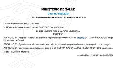 La oficialización de la salida de Mario Russo del Ministerio de Salud tras su renuncia. Decreto del Boletín Oficial