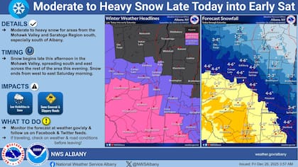 La oficina del NWS en Albany detalló que el impacto podría ser más severo en esa zona