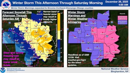 La oficina del NWS en Binghamton emitió avisos para condados como Broome, Chenango y Delaware