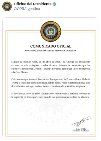 La Oficina del Presidente de la Argentina difundió un comunicado tras lo que caracterizó como un "nuevo intento de asesinato" sufrido por Donald Trump