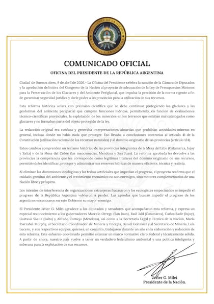 La Oficina del Presidente de la República Argentina difundió un comunicado oficial