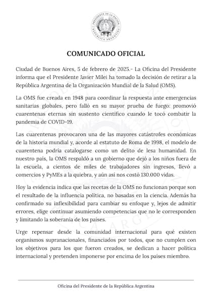 La Oficina del Presidente emitió un comunicado oficial sobre la salida del país de la OMS