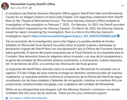 La oficina del sheriff emitió un comunicado donde explicó que eliminaron la publicación "para demostrar buena fe",
