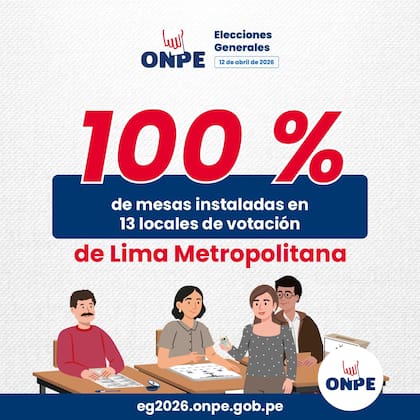 La ONPE anucnió que se instalaron el 100% de las mesas de sufragio, que no se pudieron abrir ayer, domingo 12 de abril, en los 13 locales de votación de Lima Metropolitana.
