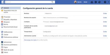 La opción de configuración de Facebook para acceder a los datos que tiene almacenados